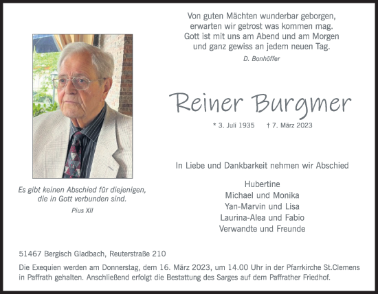Anzeige von Reiner Burgmer von Kölner Stadt-Anzeiger / Kölnische Rundschau / Express