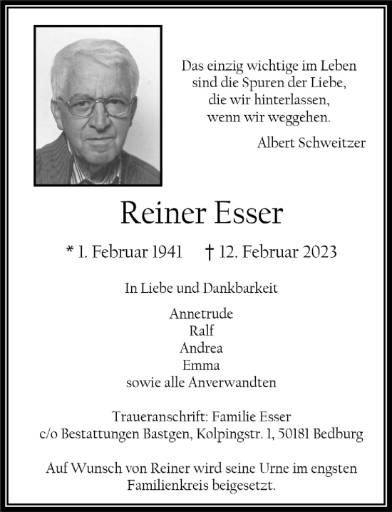 Anzeige von Reiner Esser von  Werbepost 