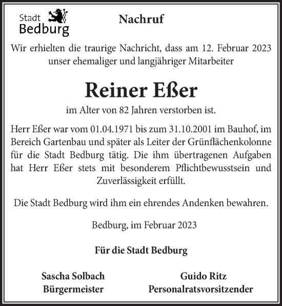 Anzeige von Reiner Eßer von  Werbepost 