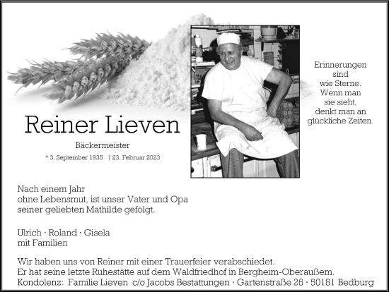 Anzeige von Reiner Lieven von  Werbepost 