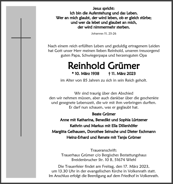 Anzeige von Reinhold Grümer von Kölner Stadt-Anzeiger / Kölnische Rundschau / Express