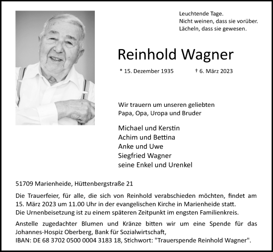 Anzeige von Reinhold Wagner von Kölner Stadt-Anzeiger / Kölnische Rundschau / Express
