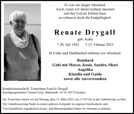 Anzeige von Renate Drygall von Kölner Stadt-Anzeiger / Kölnische Rundschau / Express