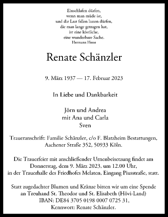Anzeige von Renate Schänzler von Kölner Stadt-Anzeiger / Kölnische Rundschau / Express