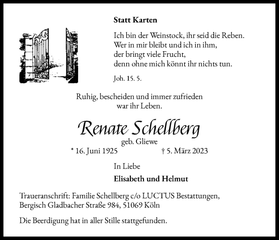Anzeige von Renate Schellberg von Kölner Stadt-Anzeiger / Kölnische Rundschau / Express