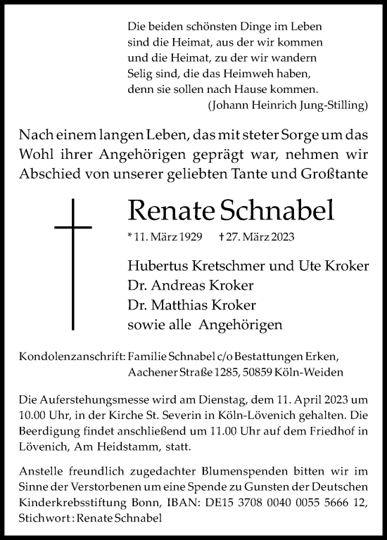Anzeige von Renate Schnabel von Kölner Stadt-Anzeiger / Kölnische Rundschau / Express