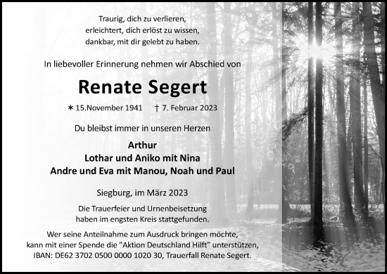 Anzeige von Renate Segert von Kölner Stadt-Anzeiger / Kölnische Rundschau / Express