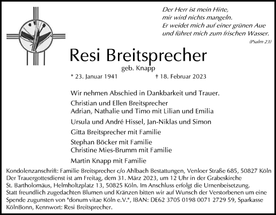 Anzeige von Resi Breitsprecher von Kölner Stadt-Anzeiger / Kölnische Rundschau / Express