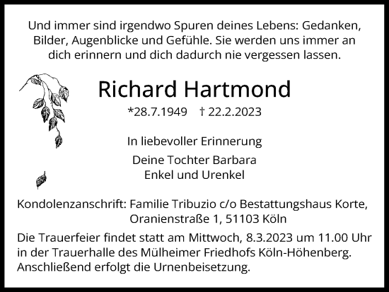 Anzeige von Richard Hartmond von Kölner Stadt-Anzeiger / Kölnische Rundschau / Express
