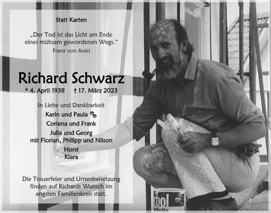 Anzeige von Richard Schwarz von  Anzeigen Echo 
