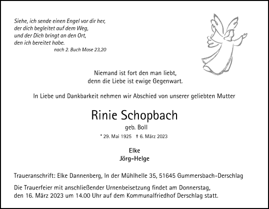 Anzeige von Rinie Schopbach von Kölner Stadt-Anzeiger / Kölnische Rundschau / Express