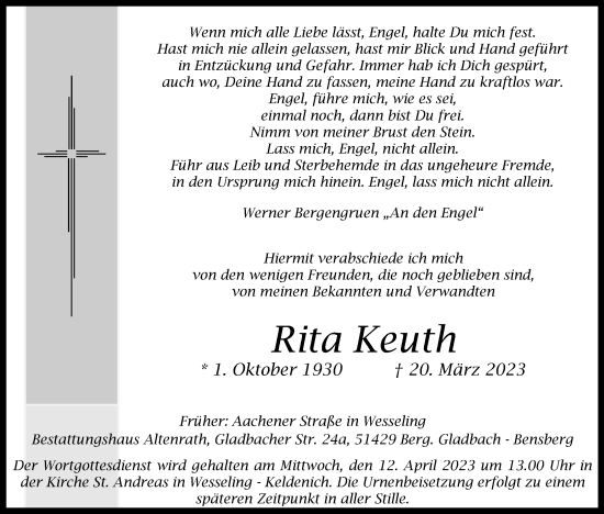 Anzeige von Rita Keuth von Kölner Stadt-Anzeiger / Kölnische Rundschau / Express