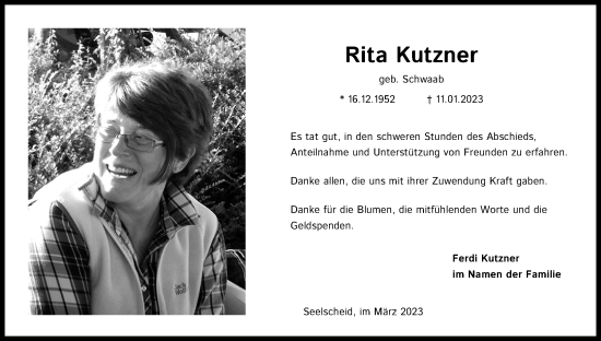Anzeige von Rita Kutzner von Kölner Stadt-Anzeiger / Kölnische Rundschau / Express