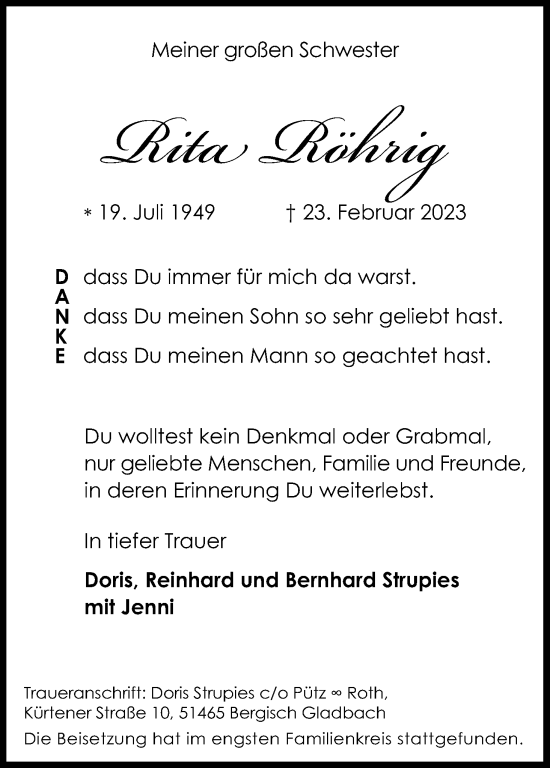 Anzeige von Rita Röhrig von Kölner Stadt-Anzeiger / Kölnische Rundschau / Express