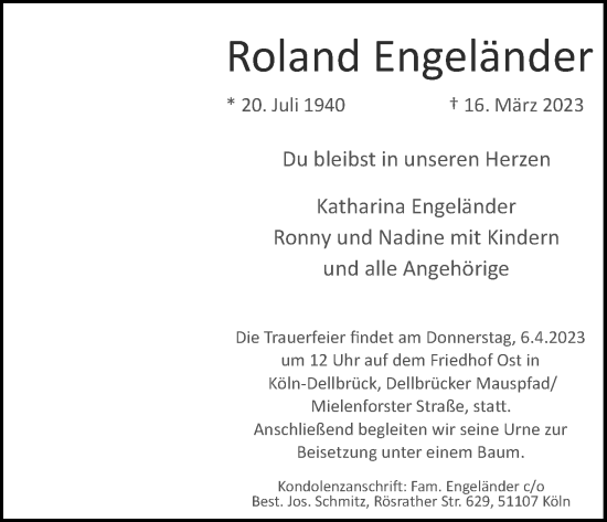 Anzeige von Roland Engeländer von Kölner Stadt-Anzeiger / Kölnische Rundschau / Express