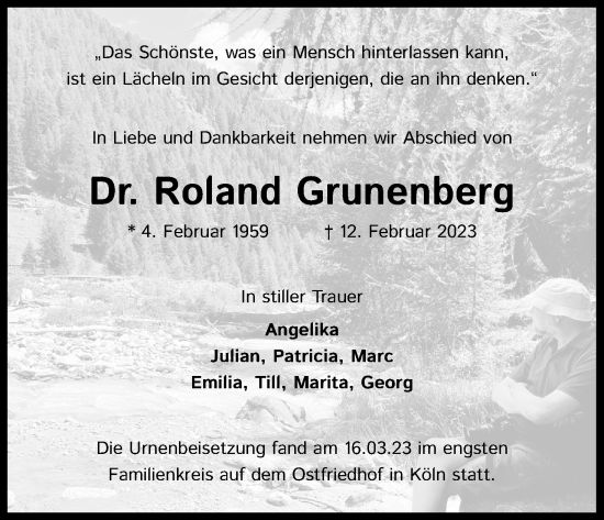 Anzeige von Roland Grunenberg von Kölner Stadt-Anzeiger / Kölnische Rundschau / Express