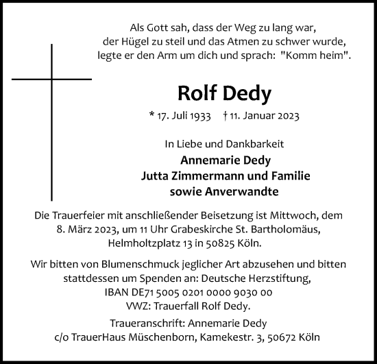 Anzeige von Rolf Dedy von Kölner Stadt-Anzeiger / Kölnische Rundschau / Express