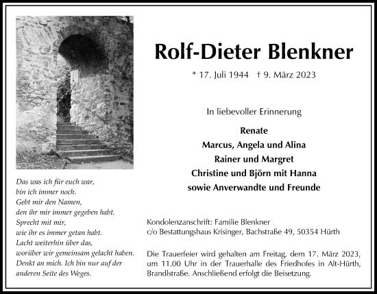 Anzeige von Rolf-Dieter Blenkner von Kölner Stadt-Anzeiger / Kölnische Rundschau / Express