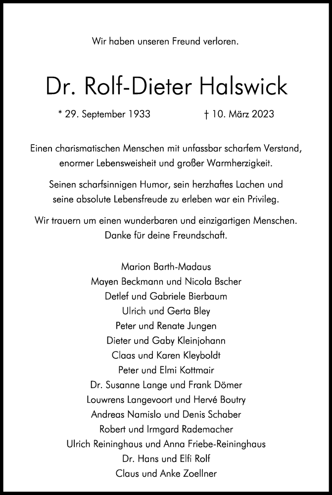  Traueranzeige für Rolf-Dieter Halswick vom 18.03.2023 aus Kölner Stadt-Anzeiger / Kölnische Rundschau / Express