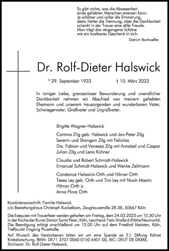 Anzeige von Rolf-Dieter Halswick von Kölner Stadt-Anzeiger / Kölnische Rundschau / Express