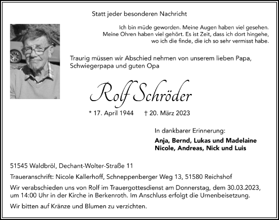 Anzeige von Rolf Schröder von  Lokalanzeiger 