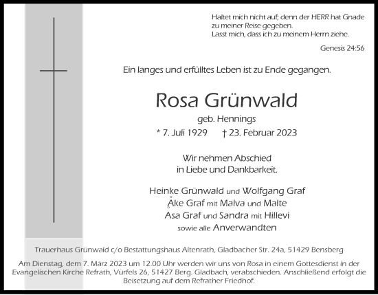 Anzeige von Rosa Grünwald von Kölner Stadt-Anzeiger / Kölnische Rundschau / Express