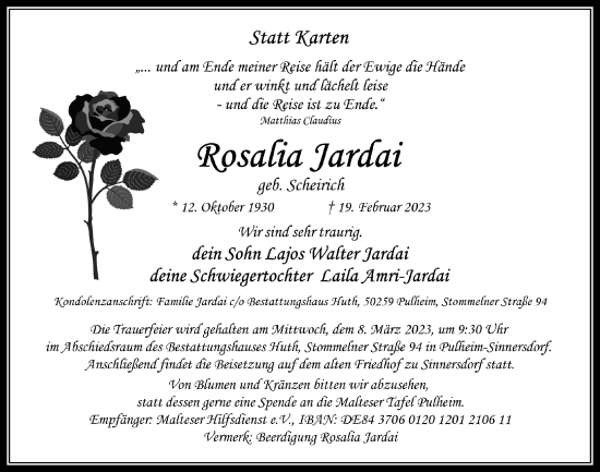 Anzeige von Rosalia Jardai von  Wochenende 
