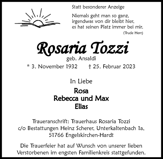 Anzeige von Rosaria Tozzi von  Anzeigen Echo 