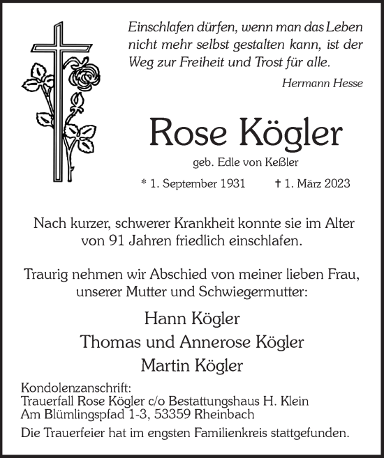 Anzeige von Rose Kögler von  Schaufenster/Blickpunkt 