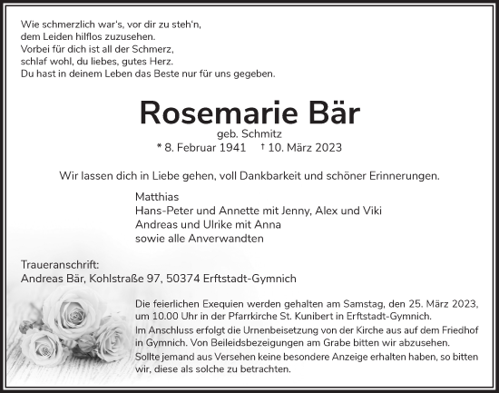 Anzeige von Rosemarie Bär von  Werbepost 