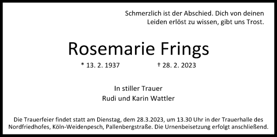 Anzeige von Rosemarie Frings von Kölner Stadt-Anzeiger / Kölnische Rundschau / Express