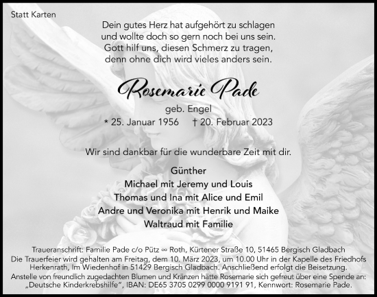 Anzeige von Rosemarie Pade von  Bergisches Handelsblatt 
