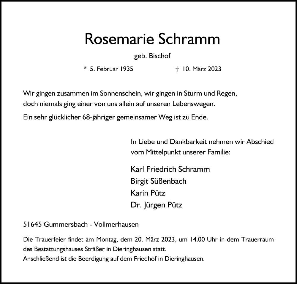  Traueranzeige für Rosemarie Schramm vom 17.03.2023 aus Kölner Stadt-Anzeiger / Kölnische Rundschau / Express