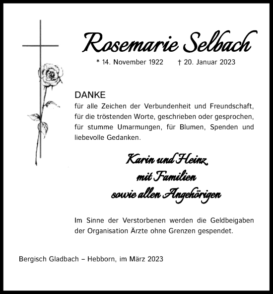 Anzeige von Rosemarie Selbach von Kölner Stadt-Anzeiger / Kölnische Rundschau / Express