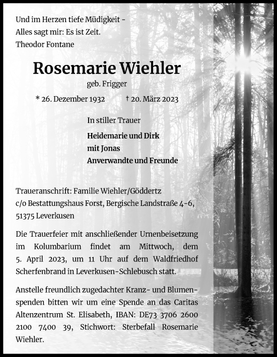 Anzeige von Rosemarie Wiehler von Kölner Stadt-Anzeiger / Kölnische Rundschau / Express