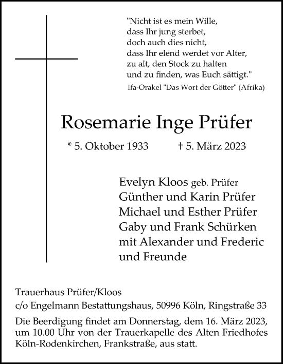 Anzeige von Rosemarie Inge Prüfer von Kölner Stadt-Anzeiger / Kölnische Rundschau / Express