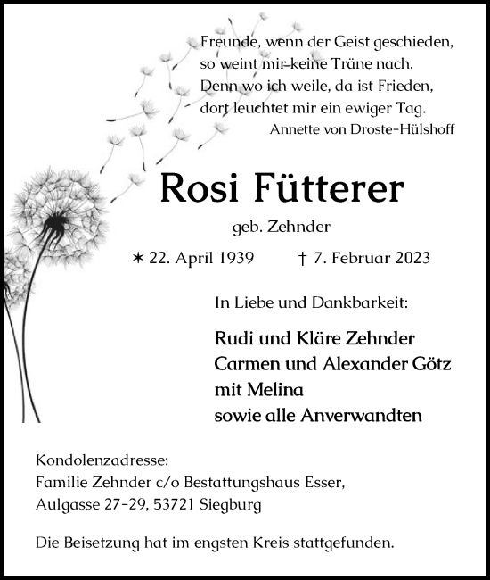 Anzeige von Rosi Fütterer von Kölner Stadt-Anzeiger / Kölnische Rundschau / Express
