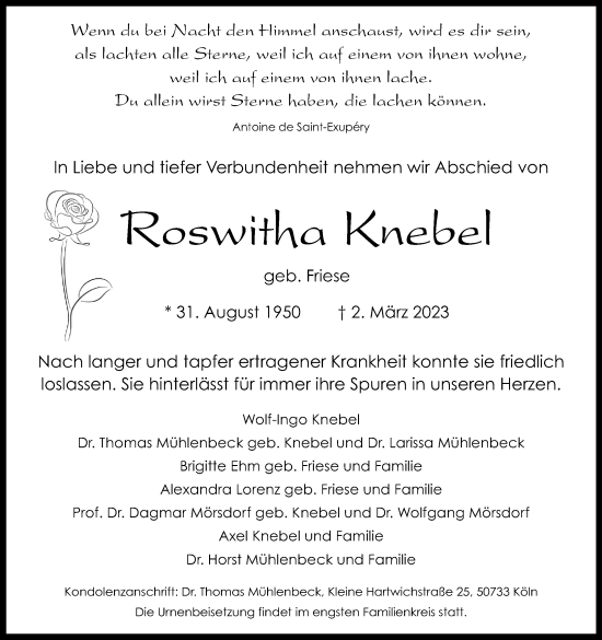 Anzeige von Roswitha Knebel von Kölner Stadt-Anzeiger / Kölnische Rundschau / Express