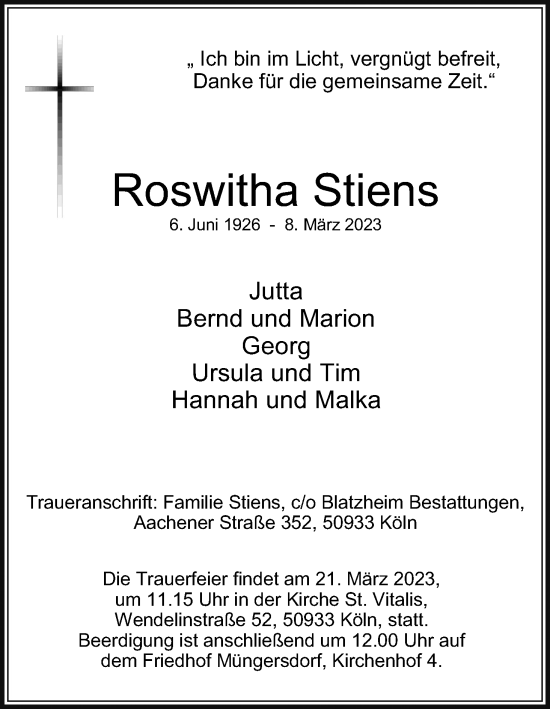 Anzeige von Roswitha Stiens von Kölner Stadt-Anzeiger / Kölnische Rundschau / Express