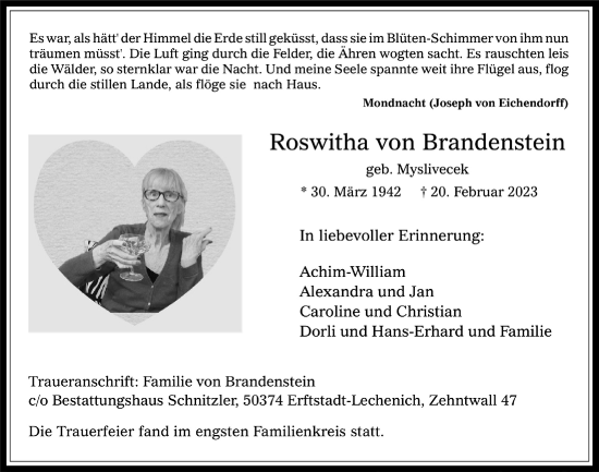 Anzeige von Roswitha von Brandenstein von  Werbepost 