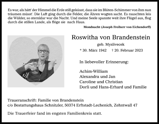 Anzeige von Roswitha von Brandenstein von Kölner Stadt-Anzeiger / Kölnische Rundschau / Express