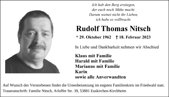 Anzeige von Rudolf Thomas Nitsch von  Blickpunkt Euskirchen 
