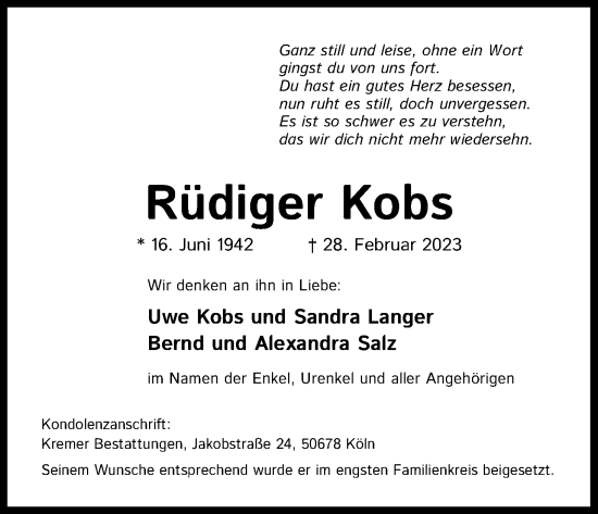 Anzeige von Rüdiger Kobs von Kölner Stadt-Anzeiger / Kölnische Rundschau / Express