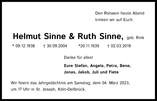 Anzeige von Ruth Sinne von Kölner Stadt-Anzeiger / Kölnische Rundschau / Express