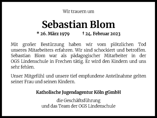 Anzeige von Sebastian Blom von Kölner Stadt-Anzeiger / Kölnische Rundschau / Express