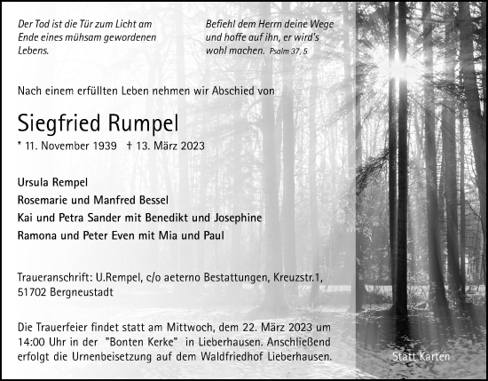 Anzeige von Siegfried Rumpel von Kölner Stadt-Anzeiger / Kölnische Rundschau / Express