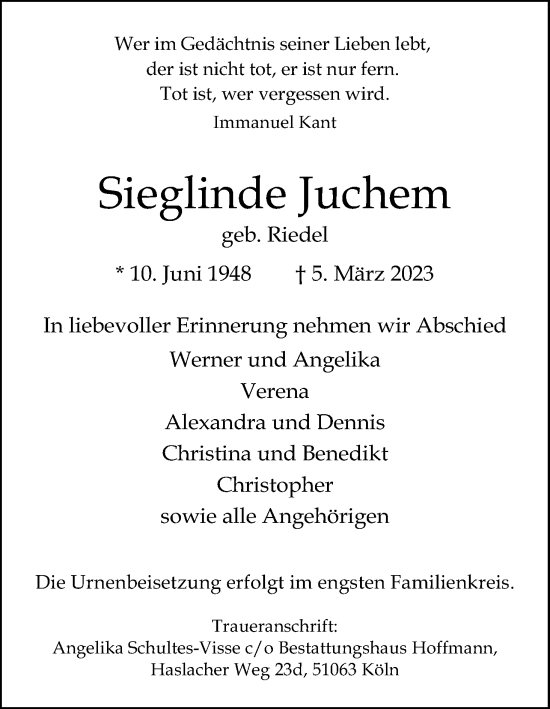 Anzeige von Sieglinde Juchem von Kölner Stadt-Anzeiger / Kölnische Rundschau / Express