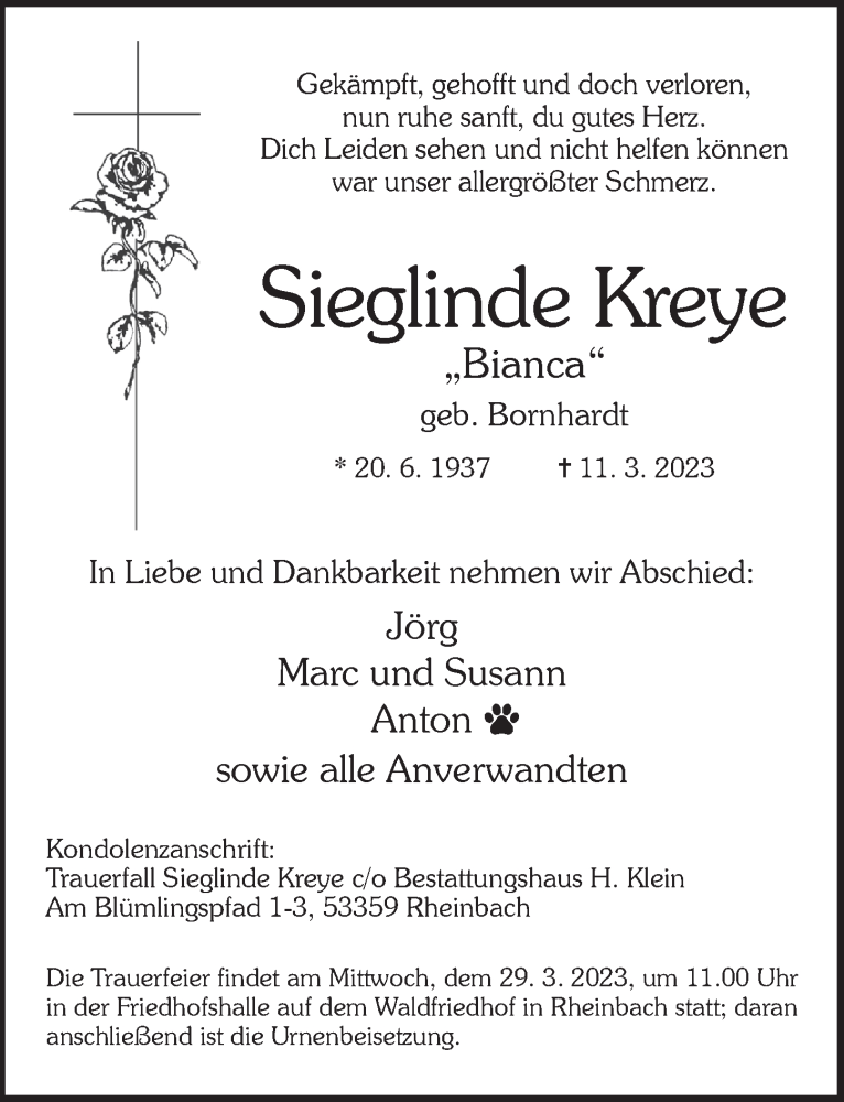  Traueranzeige für Sieglinde Kreye vom 24.03.2023 aus  Schaufenster/Blickpunkt 