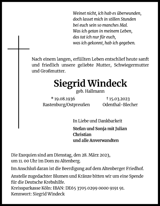 Anzeige von Siegrid Windeck von Kölner Stadt-Anzeiger / Kölnische Rundschau / Express