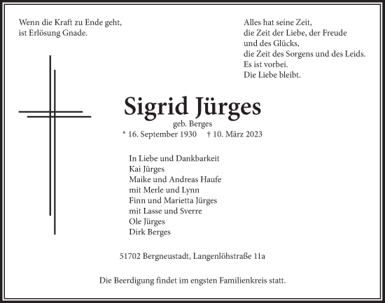 Anzeige von Sigrid Jürges von  Anzeigen Echo 